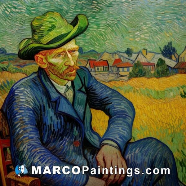 A painting of a man sitting in a green hat