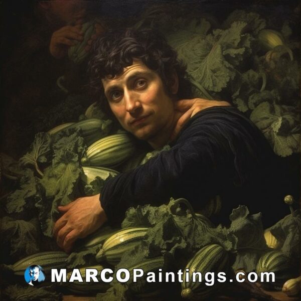 A painting of a man sitting in the middle of zucchini