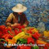 A painting of a man sorting peppers