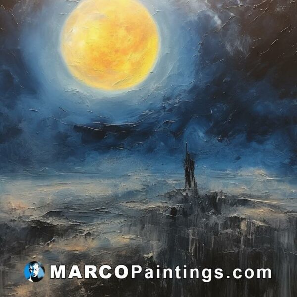 A painting of a man standing by the moon at night