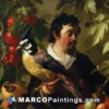 A painting of a man standing next to fruits and a bird