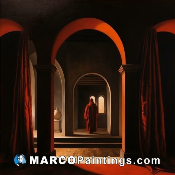 A painting of a man standing on an orange carpet in an archway