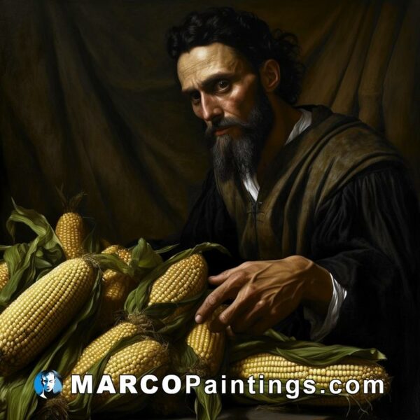 A painting of a man standing with corn in his hands