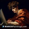 A painting of a man using a laptop computer