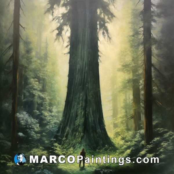 A painting of a man walking toward a big tree