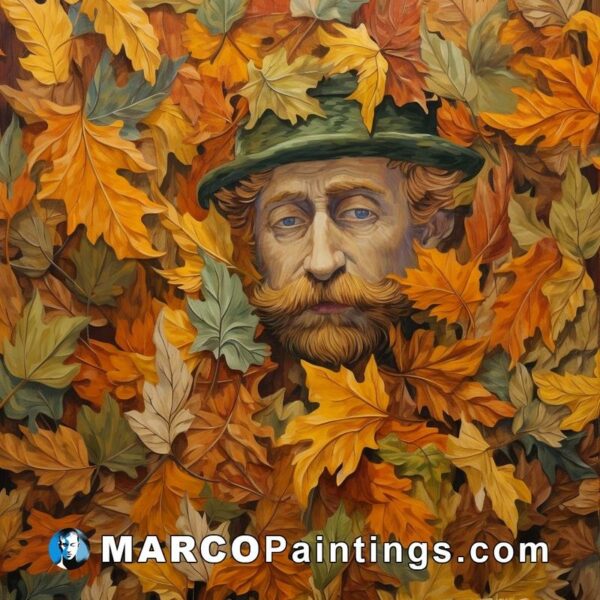 A painting of a man wearing a beard in autumn leaves