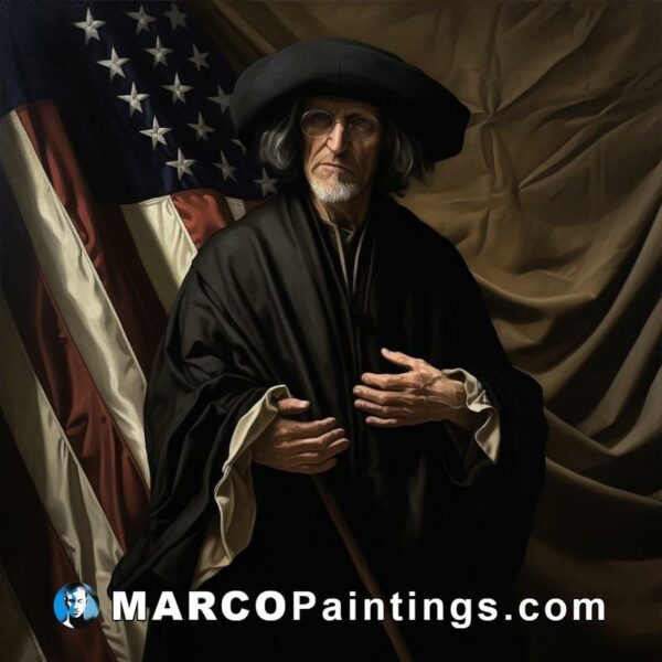 A painting of a man wearing a black dress and holding an american flag