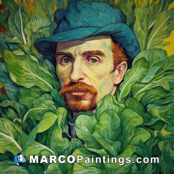 A painting of a man wearing a cap with lettuce