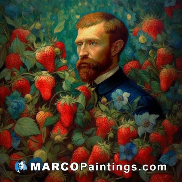 A painting of a man with a beard in the field of strawberries