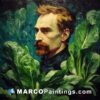 A painting of a man with a beard standing among lettuce