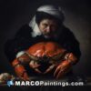 A painting of a man with a crab