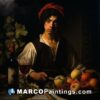 A painting of a man with a knife and fruits