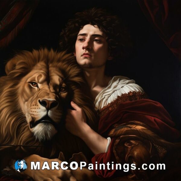 A painting of a man with a lion