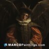 A painting of a man with bat wings and red nose