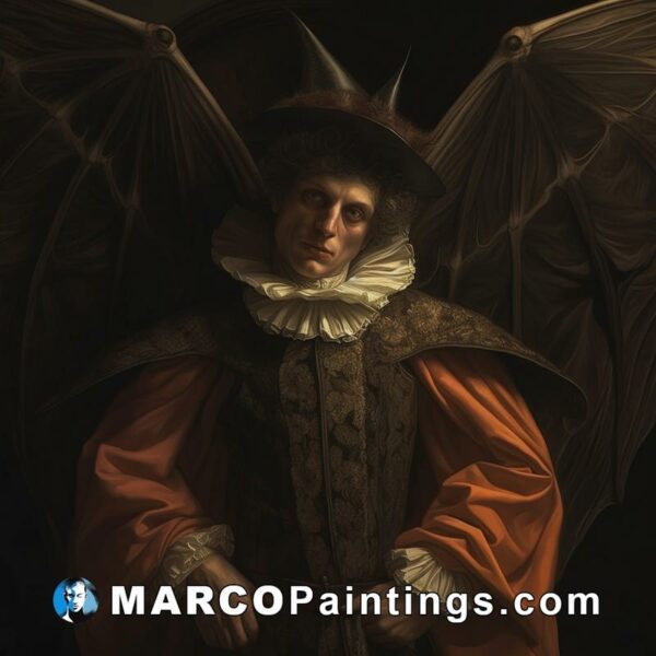 A painting of a man with bat wings and red nose