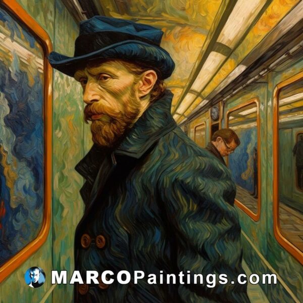 A painting of a man with beard and cap in the subway