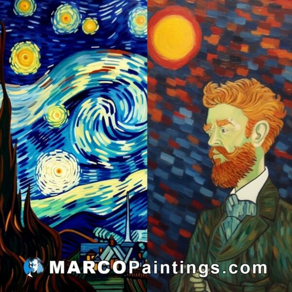 A painting of a man with red beard and a image of starry sky