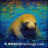 A painting of a manatee swimming in the water