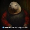 A painting of a manatee wearing red clothing