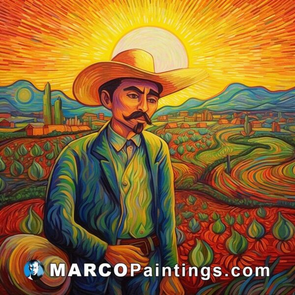 A painting of a mexican farmer in front of a field and sunset
