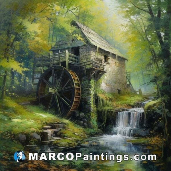 A painting of a mill in the forest