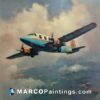A painting of a modern airplane flying through clouds