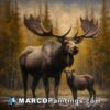 A painting of a moose and it's calf