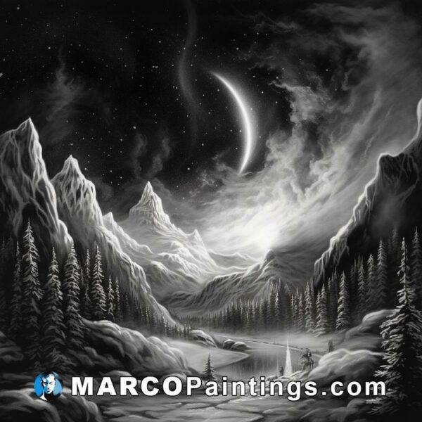 A painting of a mountain and moon in the black and white