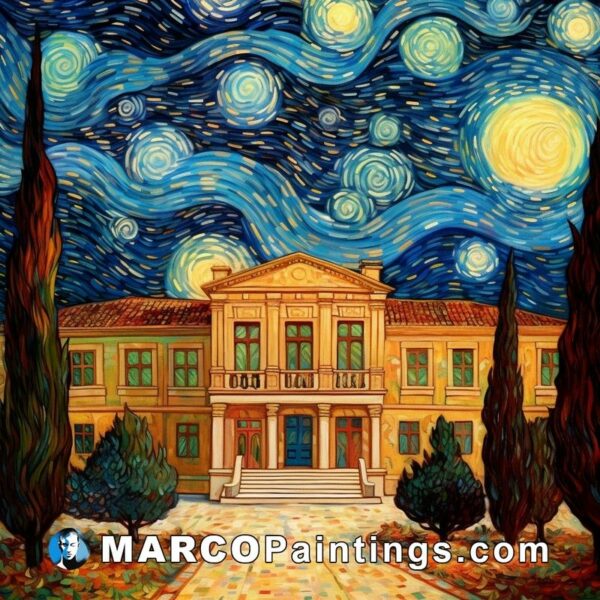 A painting of a old mansion with a starry sky