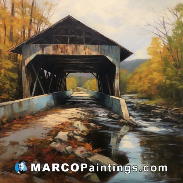 A painting of a old metal covered bridge over the river
