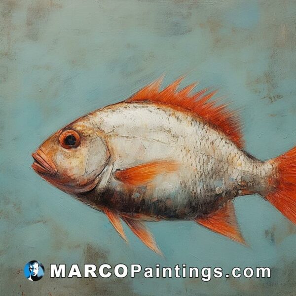 A painting of a orange fish that is on blue