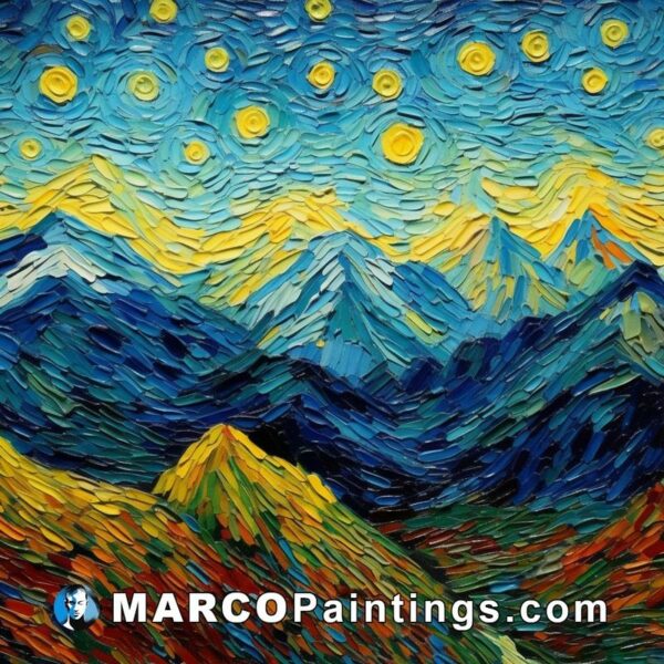 A painting of a painting of a starry night in mountain