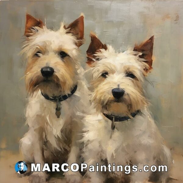 A painting of a pair of terrier dogs near a grey background