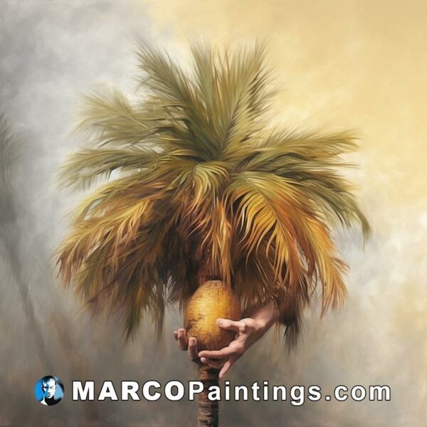 A painting of a palm with a hand reaching up towards it
