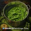 A painting of a pan full of green peas