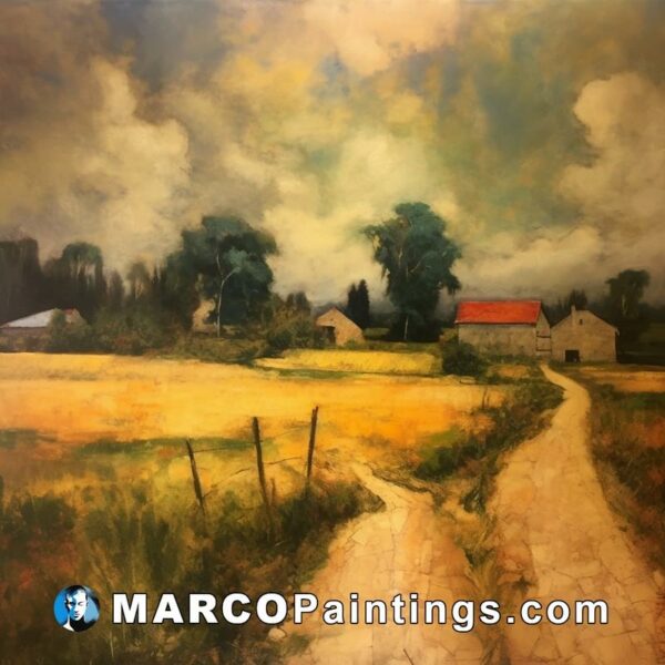 A painting of a path along an old farmland