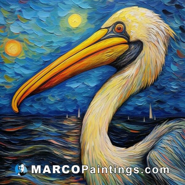 A painting of a pelican looking at the moon