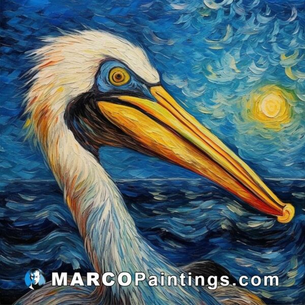 A painting of a pelican with a full moon above it