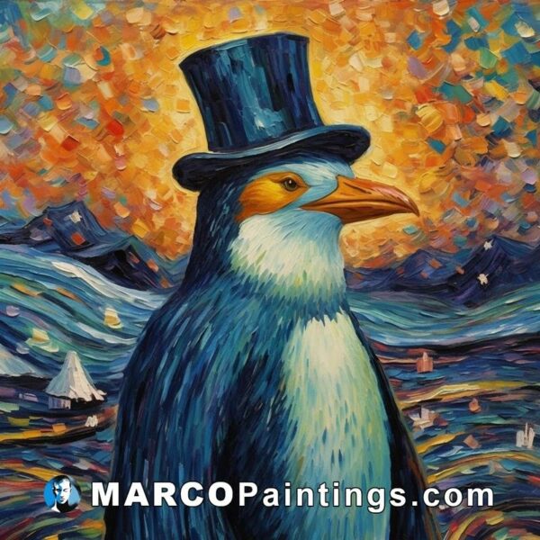 A painting of a penguin with a top hat