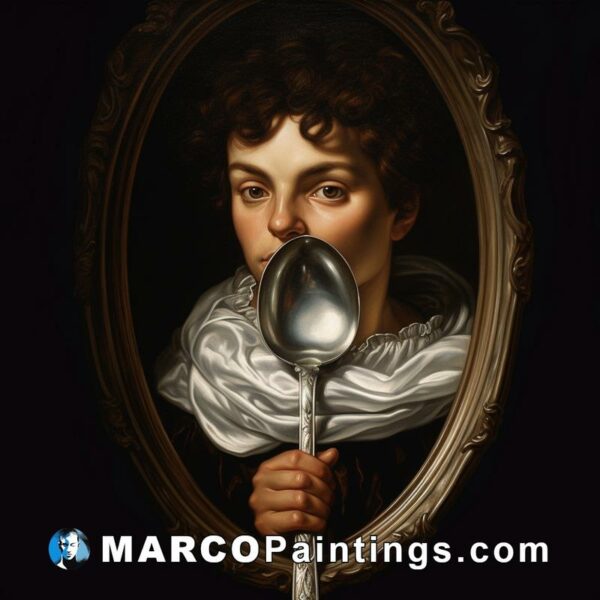 A painting of a person with a spoon in his mouth