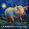 A painting of a pig at night with stars