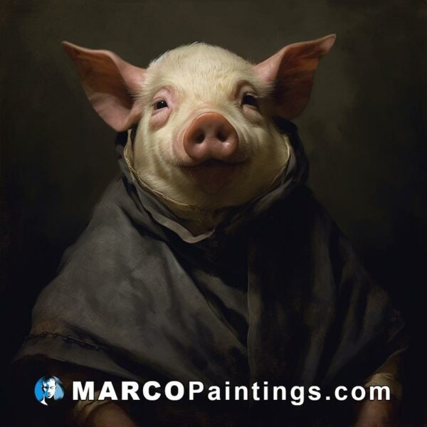 A painting of a pig dressed in cape and boots