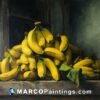 A painting of a pile of bananas in a window