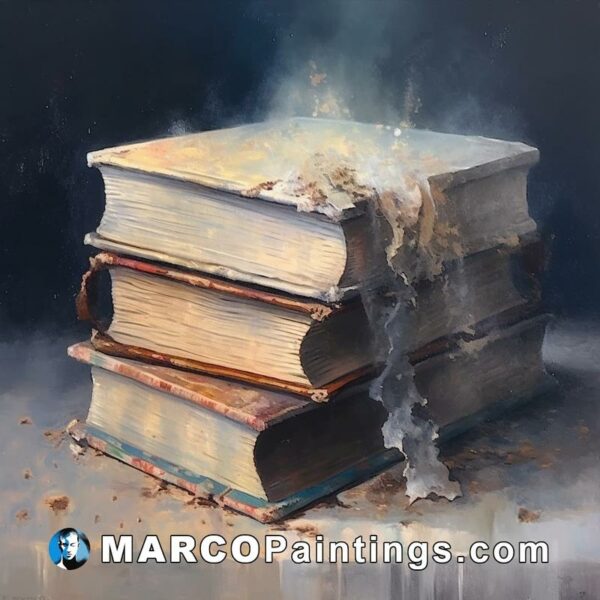 A painting of a pile of books with smoke coming from them