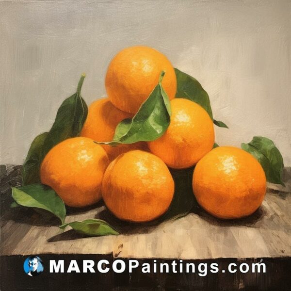 A painting of a pile of tangerines with green leaves on top