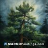 A painting of a pine tree under dark skies