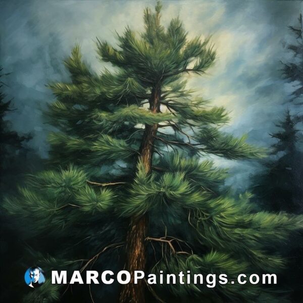 A painting of a pine tree under dark skies