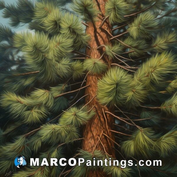 A painting of a pine tree with golden needles