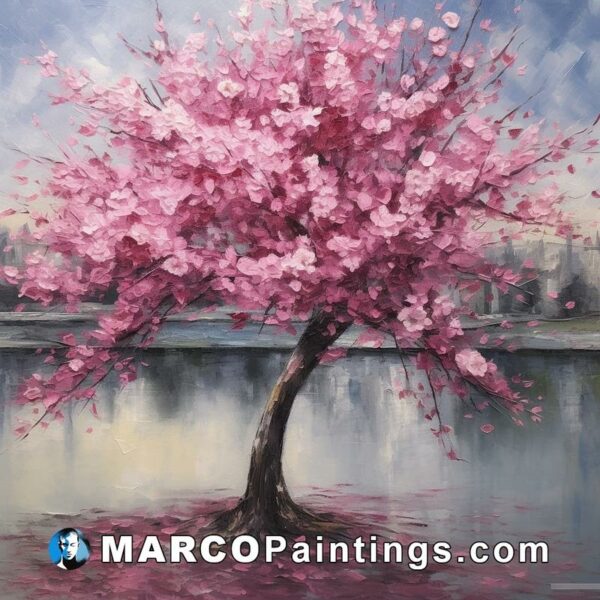 A painting of a pink flower tree on a water