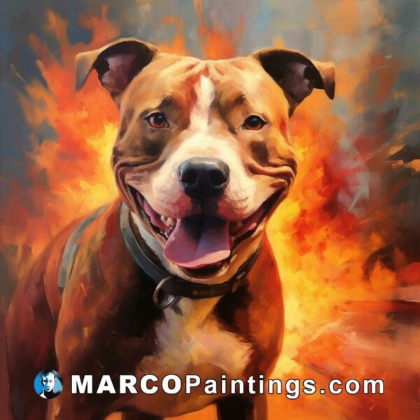 A painting of a pit terrier in front of a fire